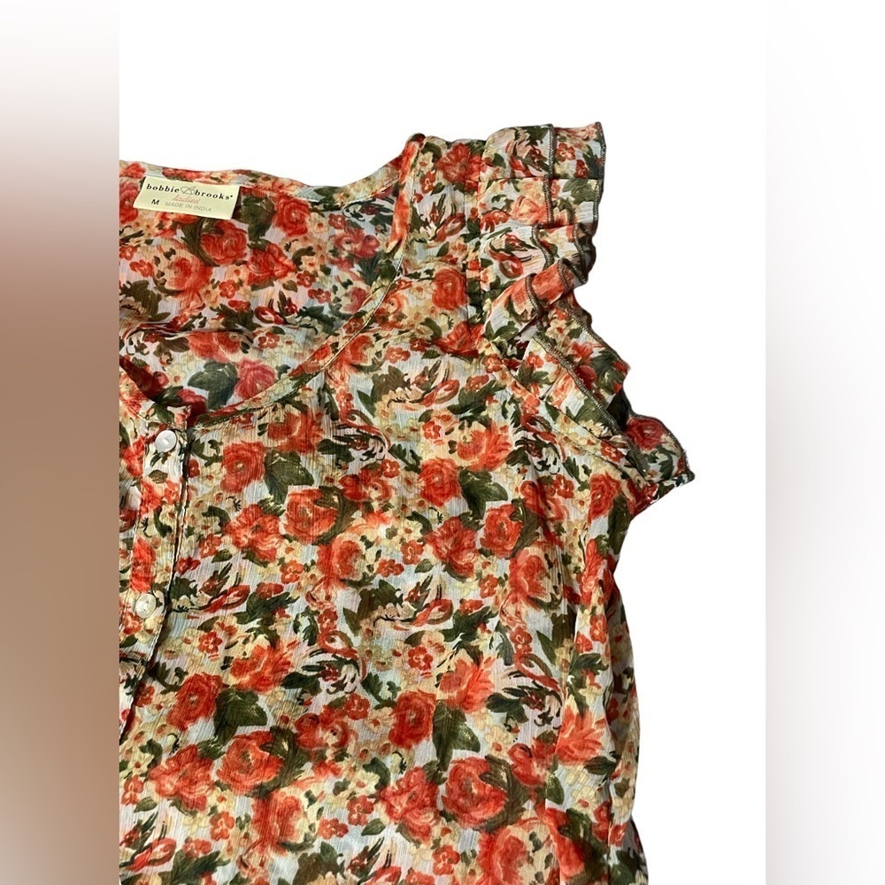 Bobbie Brooks Shirt, Women's size M Green Tan Orange, Floral - Picture 2 of 6